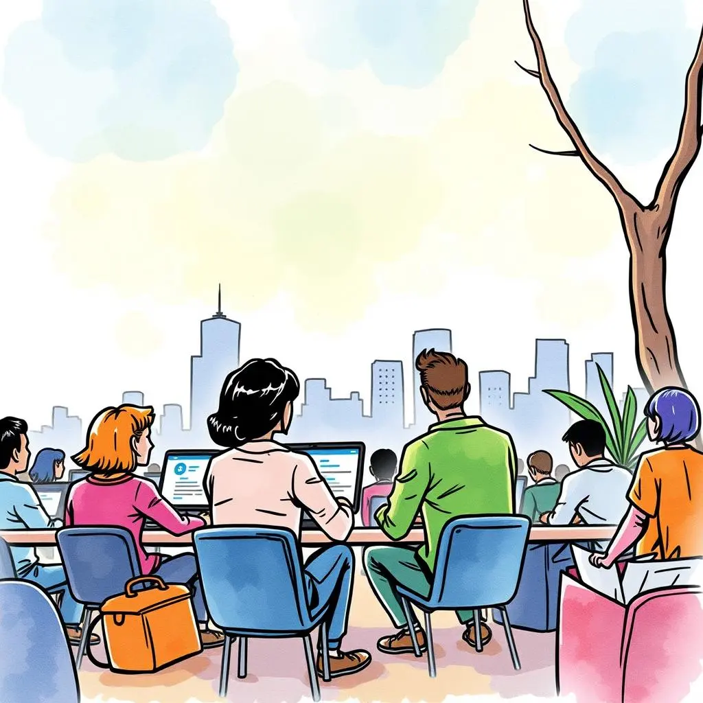 Audience response analyzer: Summarize audience responses to marketing campaigns 1 Professionals analyzing data on laptops with a city skyline backdrop.