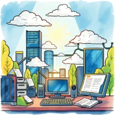 A vibrant, illustrated IT workspace with computers, paperwork, and cityscape in the background.