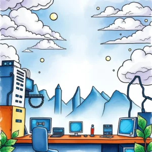 A vibrant illustration of a tech workspace designed for drafting compliance policies with various computer setups.