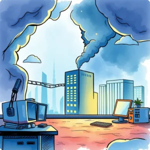 A desktop scene illustrating a city skyline impacted by disaster, depicting smoke and recovery efforts