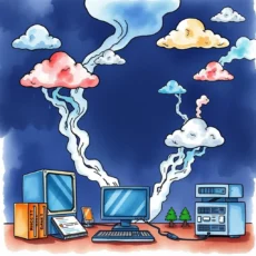 A desktop computer with multiple devices and colorful clouds representing data flow.