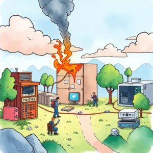 Test run feedback collector: Gather feedback on disaster recovery simulations 4 Illustration of disaster recovery simulation with fire and it infrastructure elements.