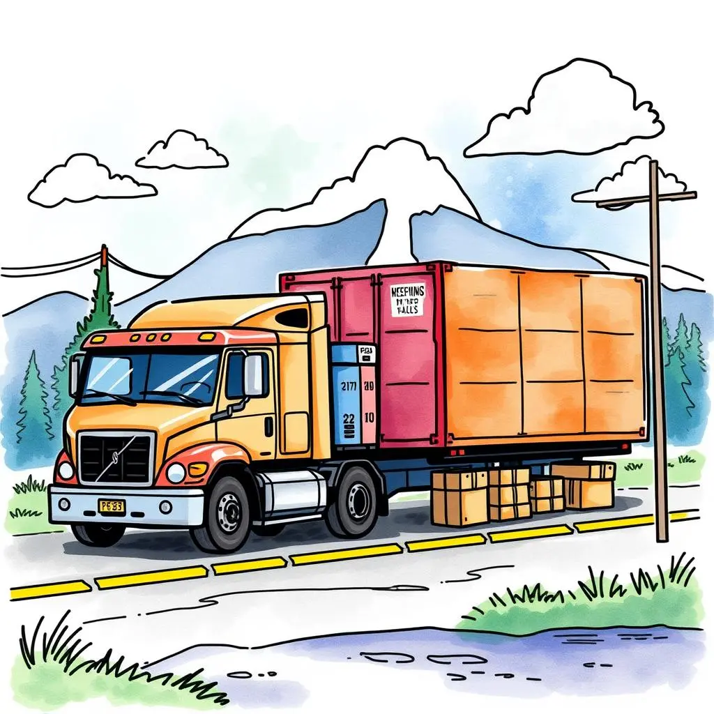 Capacity planner: Analyze load capacity and recommend arrangements 1 Truck with cargo container parked on road near mountains.