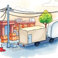 Delivery truck parked at a distribution center with boxes stacked nearby.