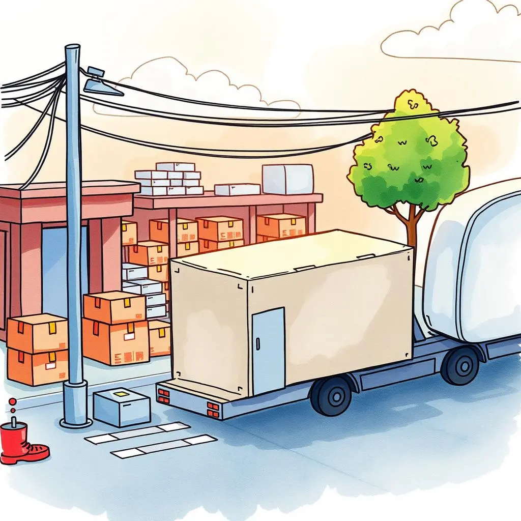 Delivery sequence planner: Arrange delivery order to maximize efficiency 1 Delivery truck parked at a distribution center with boxes stacked nearby.