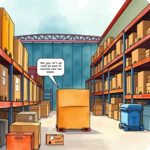 Restock alert creator: Notify when inventory reaches low levels 4 Colorful warehouse scene highlighting inventory management and low stock alerts.
