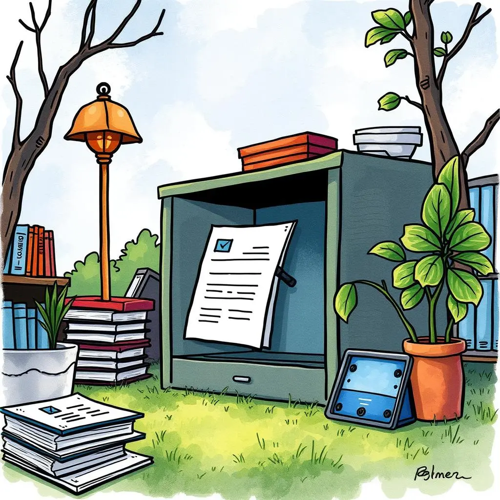 Archive metadata creator: Generate metadata for easy document retrieval 1 Document storage scene with files and a metadata creation tool.