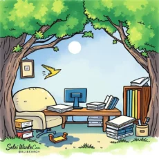 A cozy workspace under trees, ideal for document sharing and retrieval.