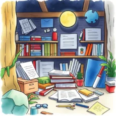 Cluttered workspace with books and documents for effective record management.