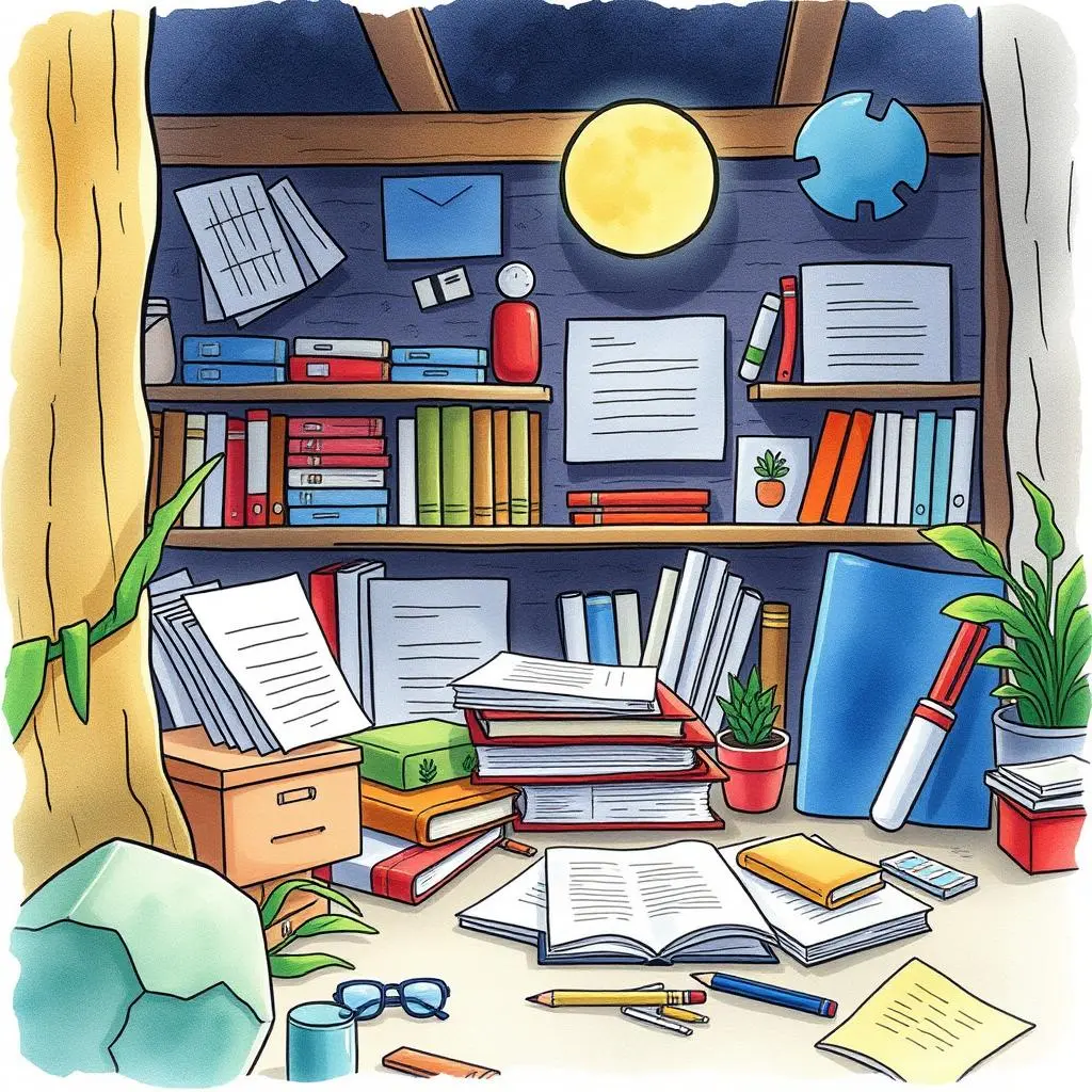 Record retrieval optimizer: Generate improved queries for faster document access 1 Cluttered workspace with books and documents for effective record management.