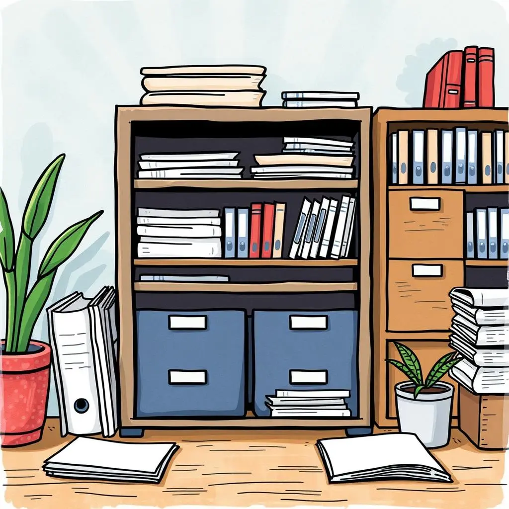 Data tagger: Assign tags to documents for organized storage 1 Organized workspace with shelves of documents, plants, and storage boxes for effective data management