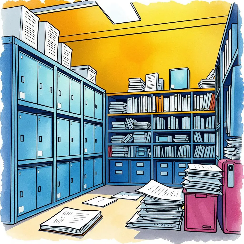 Document classifier: Automate the sorting of documents based on content 1 Documents arranged in a colorful administrative storage room with files and cabinets.
