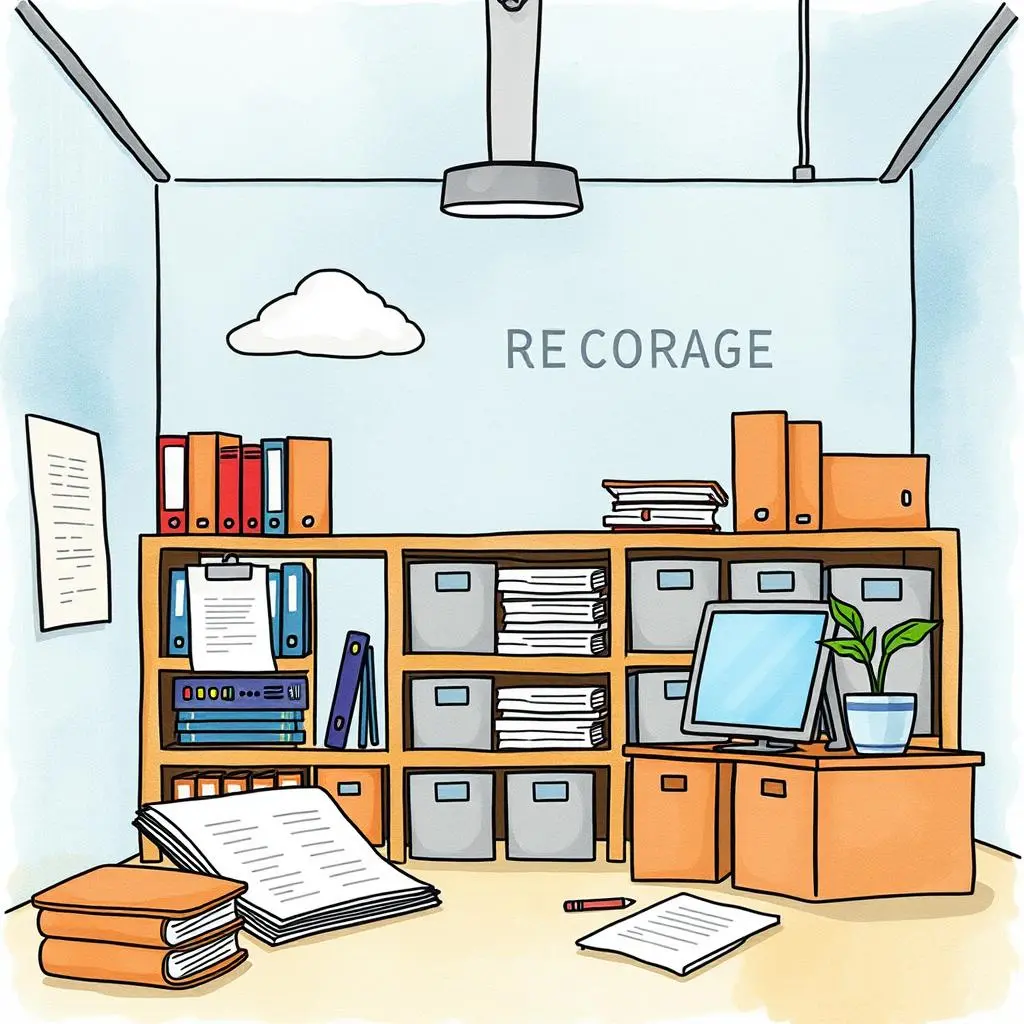 Safe storage planner: Outline secure document storage protocols 1 Illustration of a secure document storage office with organized files.