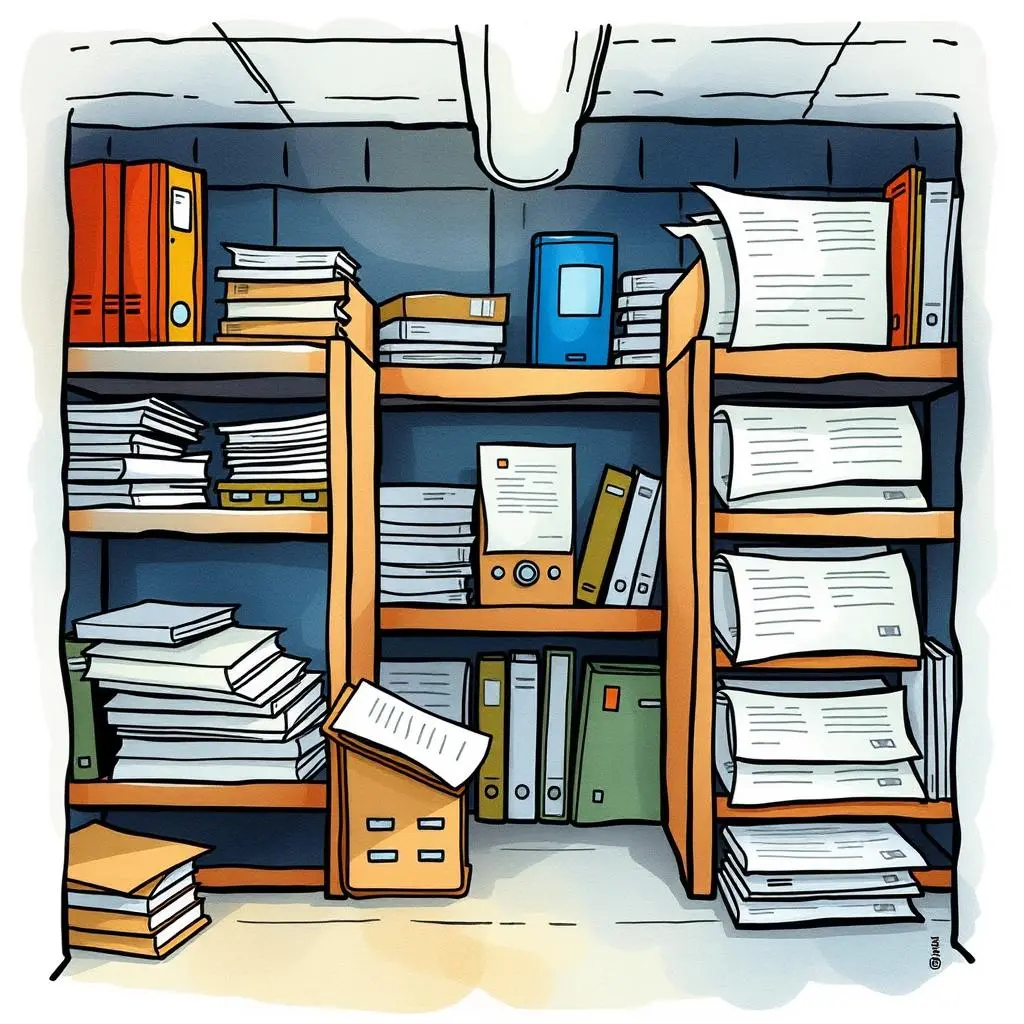 Stacks of documents and files on shelves in an office setting, symbolizing document storage and management.