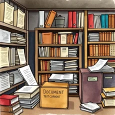 Document storage area featuring organized shelves and boxes for text classification