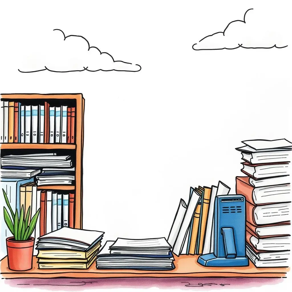 Text to digital converter: Transform written text into electronic documents 1 Books and papers on a desk with a plant and stapler, symbolizing document management and conversion.