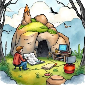 Person summarizing documents outside a cave, using a laptop.