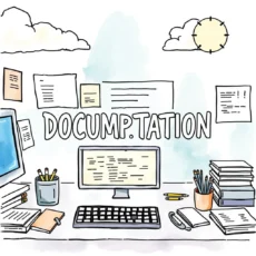 A cluttered desk with a computer, office supplies, and the word "DOCUMENTATION" illustrated prominently.