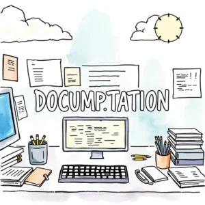 A cluttered desk with a computer, office supplies, and the word "DOCUMENTATION" illustrated prominently.