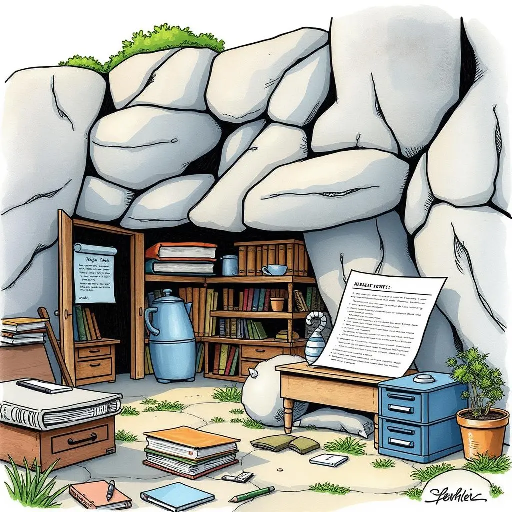 Documentation clarity enhancer: Improve text clarity for smoother approvals 1 Cozy cave library highlighting organized documentation and improved clarity.