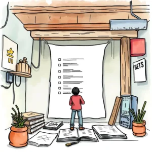 A person reviewing a large document in an organized workspace.