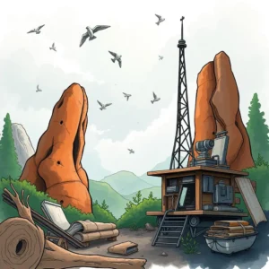 Illustration of a mountain landscape featuring a documentation station with tools.