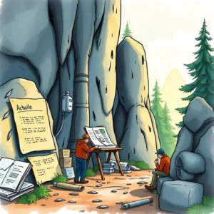 Two professionals analyzing environmental data in a scenic outdoor setting.