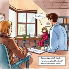 A woman in a red sweater discusses a complaint with two customer service representatives.