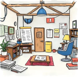 Feedback resolution overview maker: Generate overviews of resolution processes 2 A bright and organized customer service work environment with documents, chairs, and a plant.
