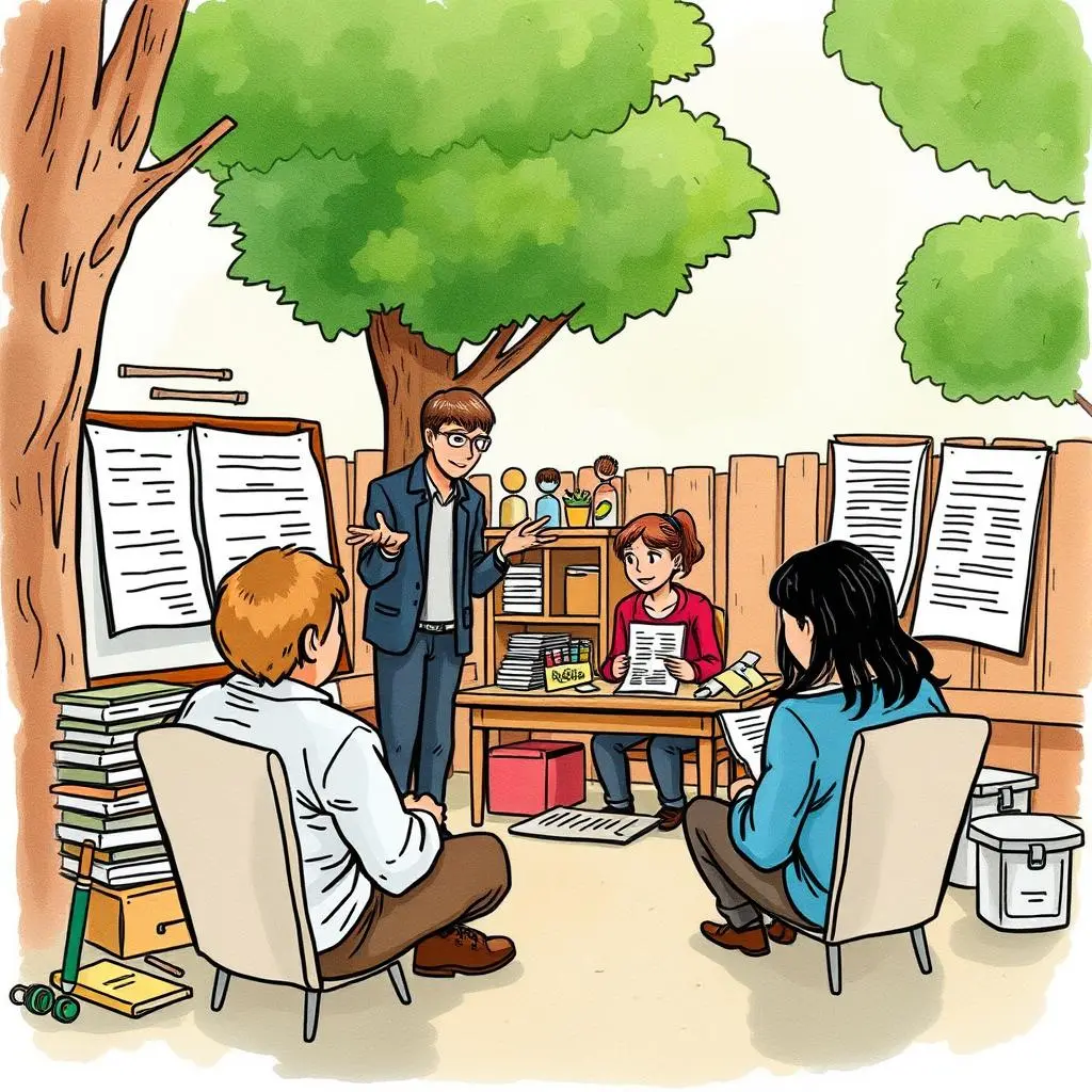 Feedback synthesizer: Combine multiple feedback entries into a cohesive report 1 A group of professionals collaborates outdoors to discuss feedback documentation strategies.