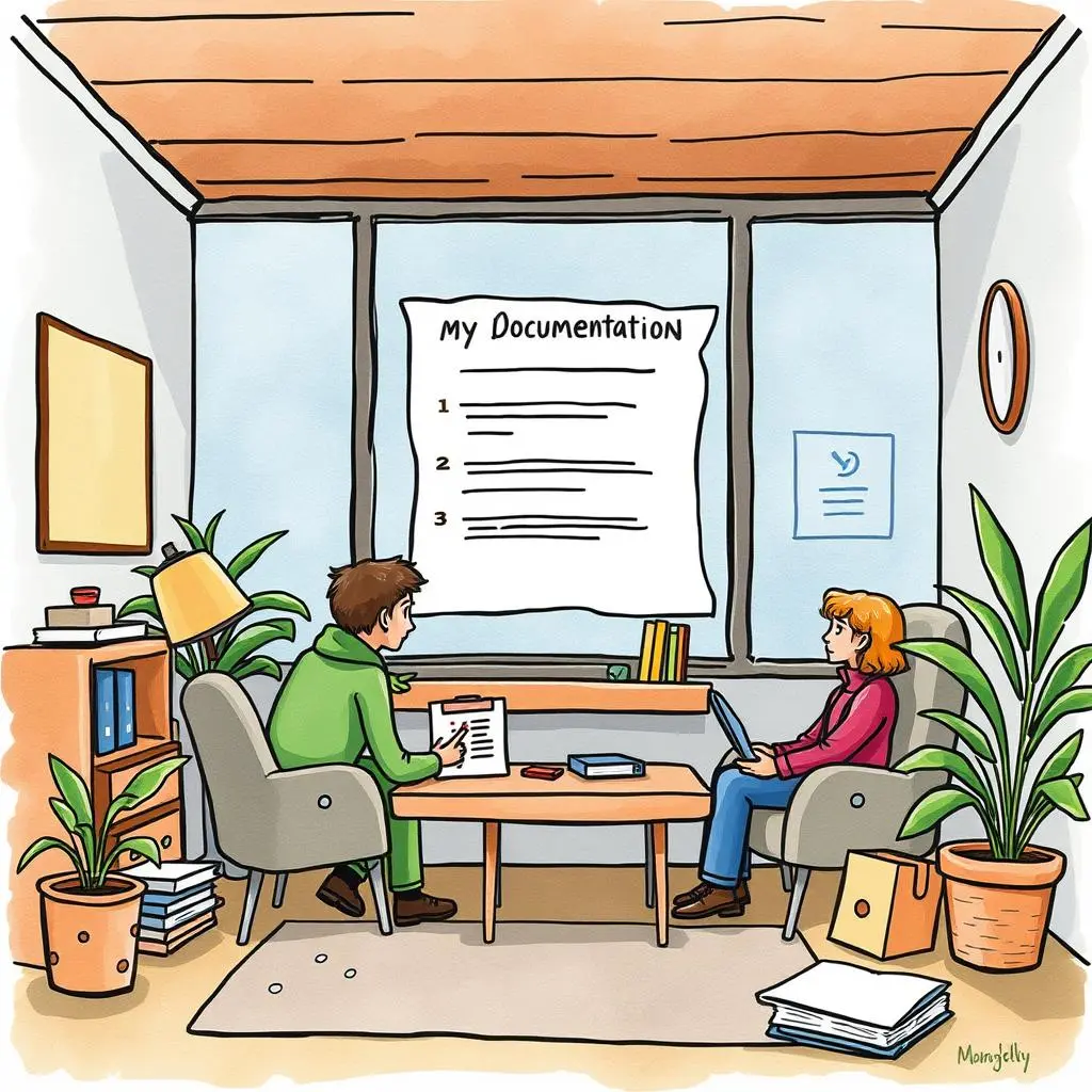 Feedback translator: Convert customer feedback into actionable points 1 A customer feedback specialist discusses documentation with a colleague in a modern office setting.