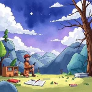 A person kneeling with a device among books and nature, symbolizing a manual transformation tool