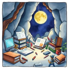A character stands in a cave surrounded by books, papers, and a computer under a bright moonlight.