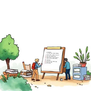Two people collaborating on a policy document in a vibrant outdoor setting.