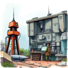Person analyzing technical specifications next to advanced machinery in scenic environment.