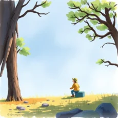 A thoughtful child sits on a box in a serene outdoor setting, contemplating under the trees.