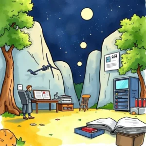 A serene and imaginative workspace scene illustrating a documentation process in a natural setting.