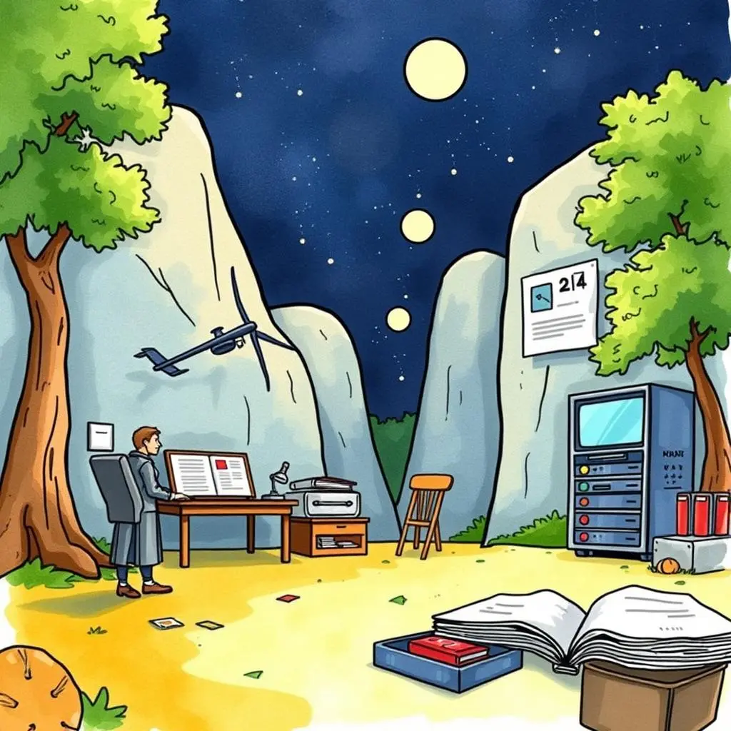 Stakeholder update communicator: Notify stakeholders about project updates 1 A serene and imaginative workspace scene illustrating a documentation process in a natural setting.
