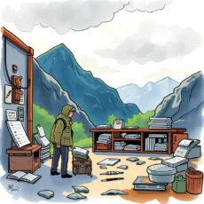 A person organizing scattered documents in a mountain setting.