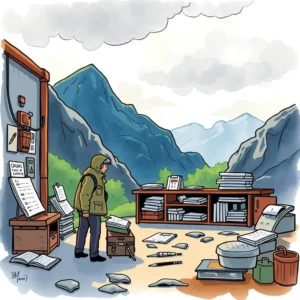 A person organizing scattered documents in a mountain setting.