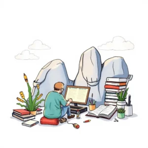 A focused IT professional edits documentation on a laptop surrounded by books and plants.
