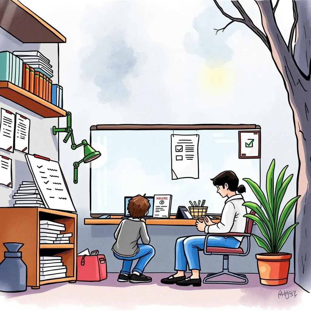 Text record formatter: Streamline documentation entry and organization 1 A young boy watches an adult using a computer in a cozy office setting focused on documentation organization.