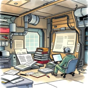 A documentation specialist working on engineering standards in a cluttered office.