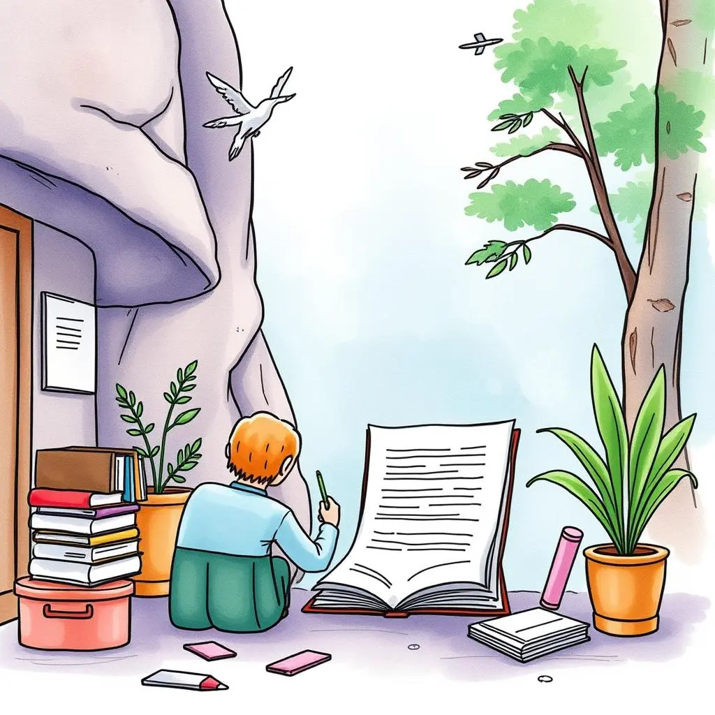 Version control text analyzer: Assess document versions for approval accuracy 1 A person analyzing document versions with a large book and various stationery in a serene setting.
