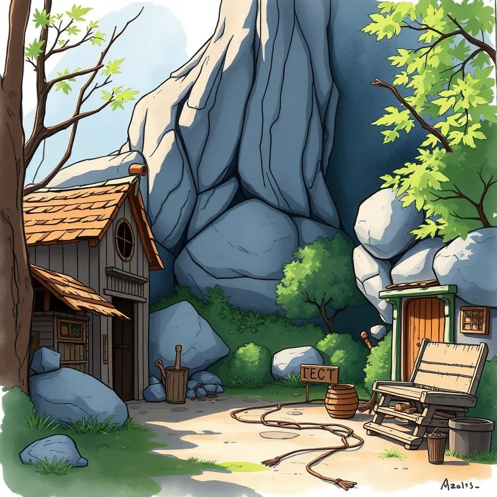 A serene outdoor scene featuring a rustic cabin near large rocks and greenery, ideal for documentation work.