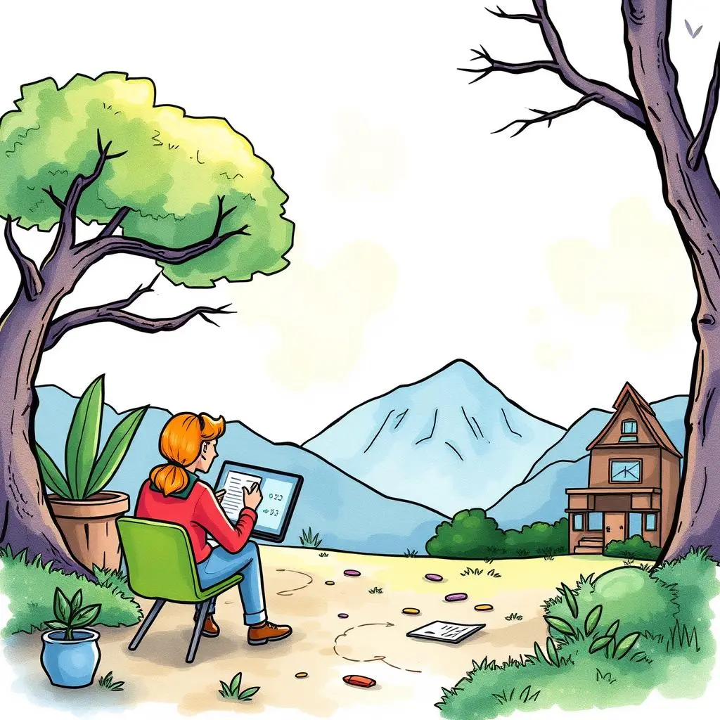 A person writes outdoors in a scenic mountain area, symbolizing creativity for email campaigns.