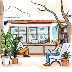 Two professionals discussing training evaluations in a bright, plant-filled office.