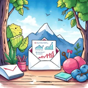 Email Performance Analyzer tool illustrated with graphs emerging from an envelope in a scenic setting