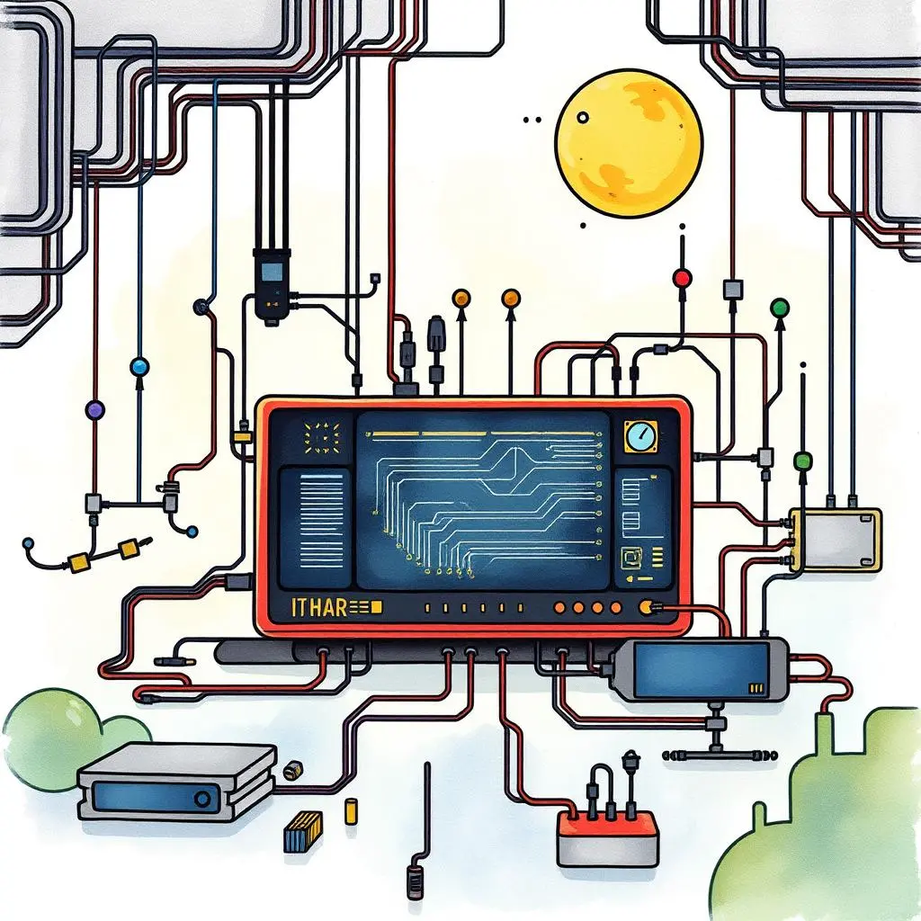 Component interaction designer: Outline interactions between software components 1 A colorful illustration of a computer with intricate circuit connections for software integration design.