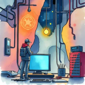 A person in a hoodie and cap stands in a tech workspace, focused on a computer monitor.